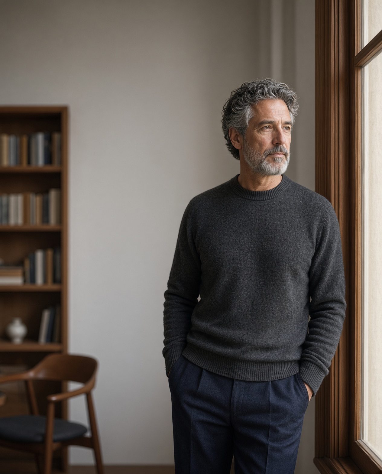 A senior professional pausing in quiet reflection beside a window.