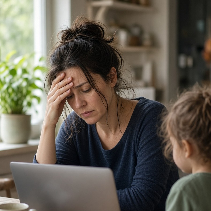 A parent juggling work and family life, stretched thin