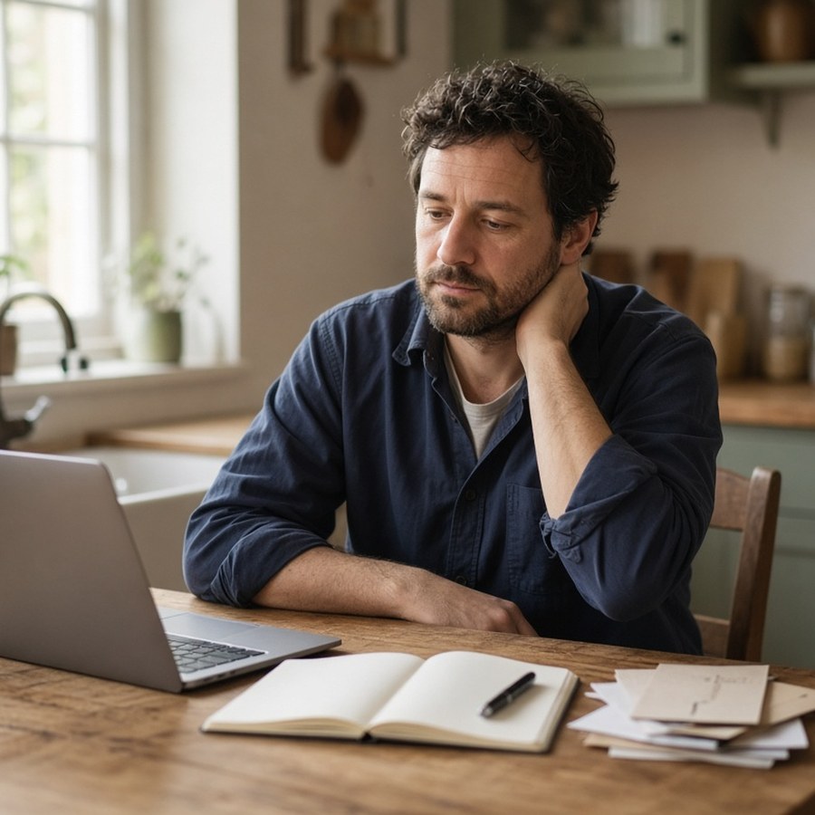 A founder or business owner carrying the weight of work, working late at the kitchen table