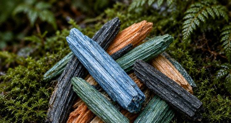 A cluster of different-coloured kyanite crystals on moss